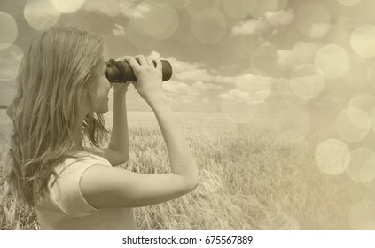 Girl With Binocular At Wheat Field. Photo In Sepia Color Image Style