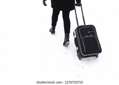 Girl Black Clothes Black Suitcase Walking Stock Photo 1276733755 ...