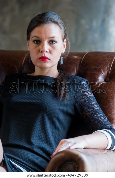 Girl Black Dress Thoughtfully Sitting Brown Stock Photo (Edit Now ...