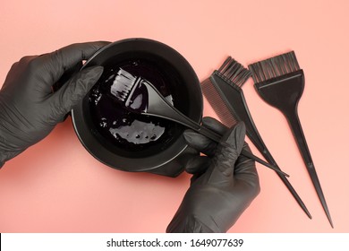 Girl In Black Gloves Mixes Hair Dye In A Bowl