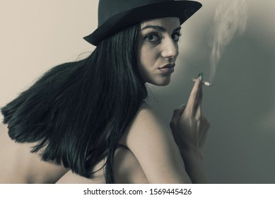 Girl Black Hat Smokes Cigarette Stock Photo 1569445426 | Shutterstock