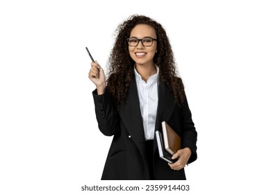 A girl in a black suit with notebooks, isolated on white background - Powered by Shutterstock