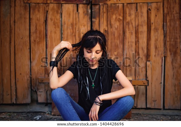 Girl Black White Dreadlocks On Wooden Stock Photo Edit Now