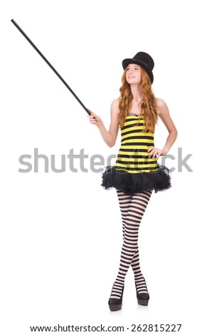 A girl in black and yellow striped dress isolated on white