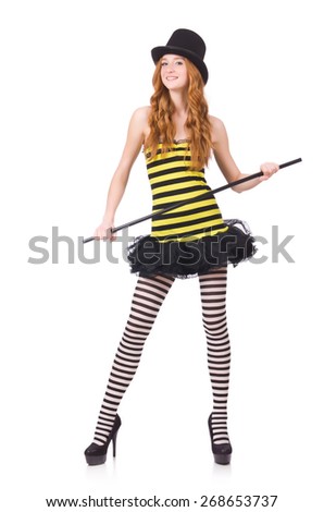 A girl in black and yellow striped dress isolated on white