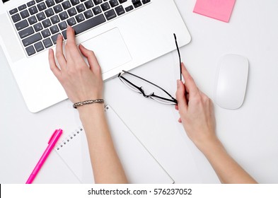 Girl Blogger Is Typing On A Laptop, Flatlay Photo