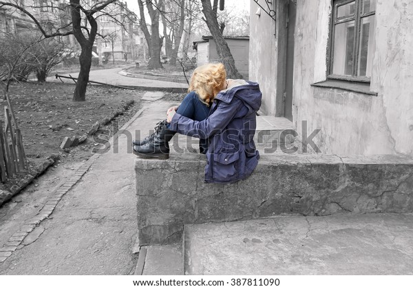 Girl Blonde Hair Sits Near Old Stock Photo Edit Now 387811090