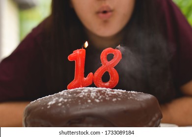 Girl Blowing Candles Birthday Cake 18 Years Old 