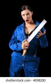 girl in blue combination with saw in the hand