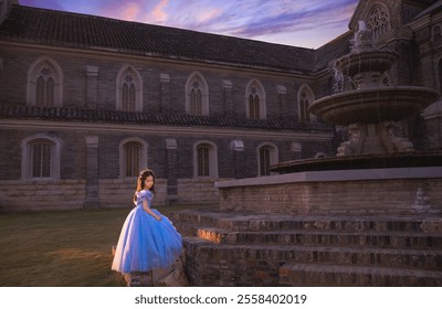 A girl in a blue gown stands near a stone fountain in a courtyard with a historic building and a vibrant sunset sky. - Powered by Shutterstock