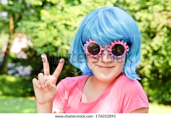 Girl Blue Hair Pink Shirt Sunglasses Royalty Free Stock Image