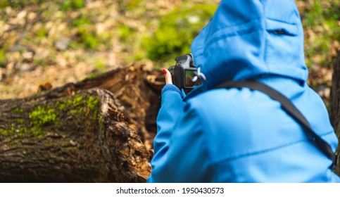 Girl With Blue Jacket Taking Pictures With Reflex Camera In Nature While Raining.