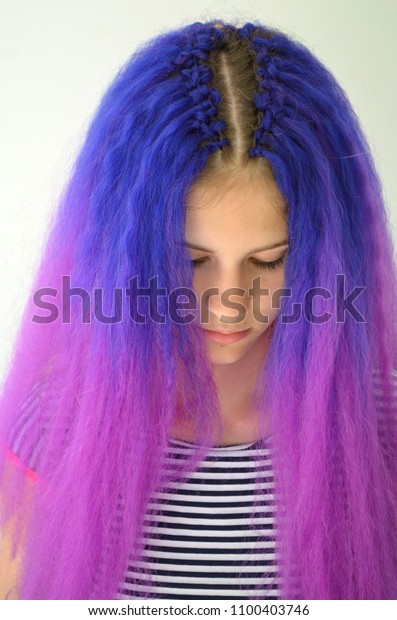 Girl Blue Purple Hair Technique Hair Stock Photo Edit Now 1100403746