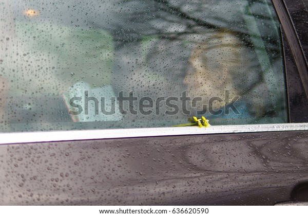 Girl with book in the\
car in the rain