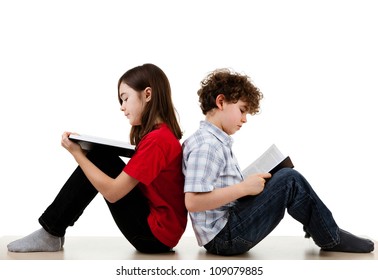 Girl And Boy Reading Books On White Background