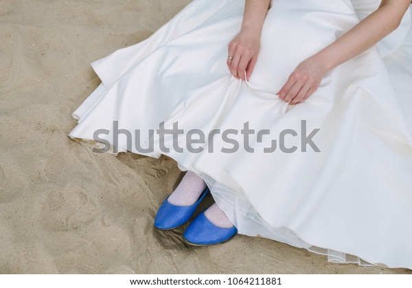 Girl Bright Blue Shoes Wedding Dress Stock Photo Edit Now 1064211881