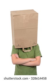 Girl With Brown Paper Bag Over Head Isolated On White Background