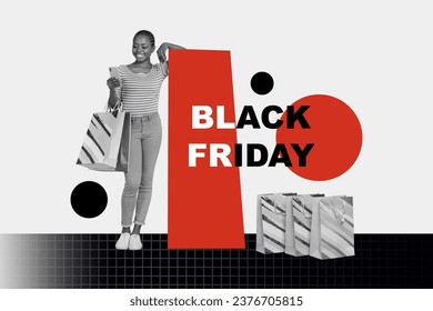 Girl browsing internet for black friday coupons collage of hot sales in november use phone to find offers isolated on white background