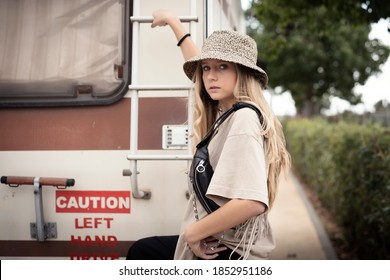 Girl With Bucket Hat And Fanny Pack.