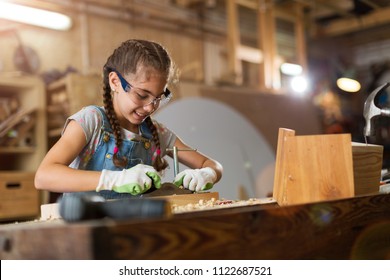 Girl Building Birdhouse In Garage