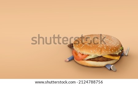 Girl with burger. Fast food concept, overweight. Minimal brown background with copy space