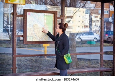 The Girl At The Bus Stop Looking At The Route Map.