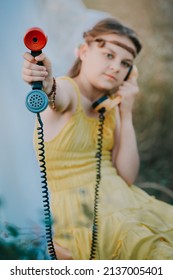 The Girl Calls On The Old Wired Phone. Hello, I Can't Hear You, The Connection Is Not Working. Back To The Future. Hot Line. Telephone Exchange.