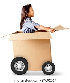 Girl In A Car Made Of Cardboard Box - Delivery On Wheels