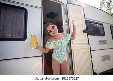 Girl At Caravan Camping Holiday