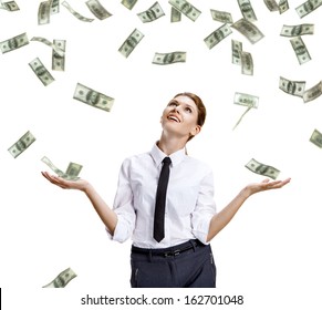 Girl Catches The Falling Money / Stock Image Of Money Falling Around Happy Businesswoman - Isolated On White Background 