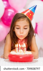 Girl Celebrating His Birthday And Blowing Candles On Cake