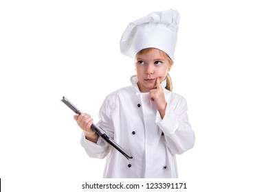 Girl Chef White Uniform Isolated On White Background. Holding The Black Ipad Screen, Thinking And Looking Up. Landscape Image