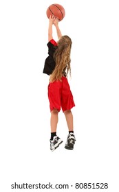 Girl Child Basketball Player Jumping For Ball Over White Background In Uniform.