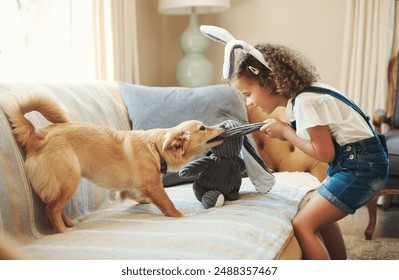 Girl child, dog and play with toy for bonding together, training and growth by home sofa. Happy kid, canine animal and puppy with pulling stuffed bunny for tug of war, development and fun in lounge - Powered by Shutterstock