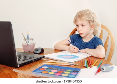 Girl Child Learning Art Lesson Online On Laptop Internet. Virtual Drawing Painting Class On Video During Self Isolation At Home. Distant Remote Video Education. Modern Homeschool Study New Normal.