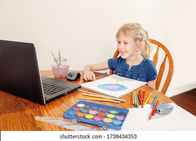 Girl Child Learning Art Lesson Online On Laptop Internet. Virtual Drawing Painting Class On Video During Self Isolation At Home. Distant Remote Video Education. Modern Homeschool Study New Normal.