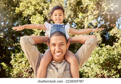 Girl Child On Shoulder Of Father, Forest Adventure With Trees .or Happy Family Portrait In San Francisco. Holiday In Woods Park, Young Children Love Nature In Summer Or Daughter Trust Dad With Smile