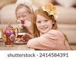 Girl, child and portrait with happiness at tea party in backyard for birthday, celebration and playing outdoor in home. Person, kid and face in garden of house with dress up, flower and role play fun