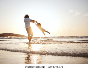Girl child, swing and father by ocean, sunset and speed for game, holding hands or waves in summer. Young female kid, dad and spin in air, sand or happy for family bonding, love or care in sunshine