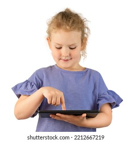 Girl Child With Tablet Touching The Screen With Her Finger Isolated On White Background