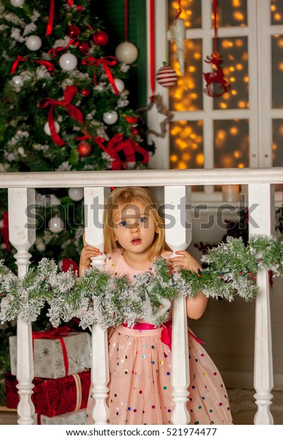 Girl Christmas Decorations Blond Child Pink Stock Photo Edit Now