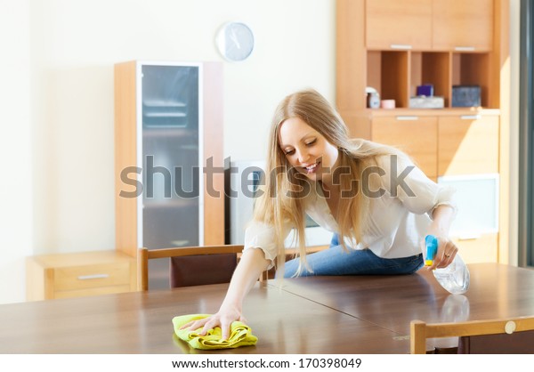 Girl Cleaning Table Furniture Polish Home People Stock Image