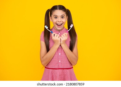 Girl Cleaning Teeth. Kid Brushing Teeth With Brush. Dental Hygiene, Tooth Care. Girl Cares About Health Of His Teeth. Happy Teenager, Positive And Smiling Emotions Of Teen Girl.