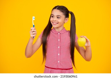 Girl Cleaning Teeth. Kid Brushing Teeth With Brush. Dental Hygiene, Tooth Care. Girl Cares About Health Of His Teeth. Happy Teenager, Positive And Smiling Emotions Of Teen Girl.