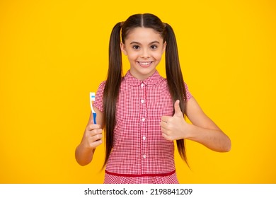 Girl Cleaning Teeth. Kid Brushing Teeth With Brush. Dental Hygiene, Tooth Care. Girl Cares About Health Of His Teeth. Happy Teenager, Positive And Smiling Emotions Of Teen Girl.