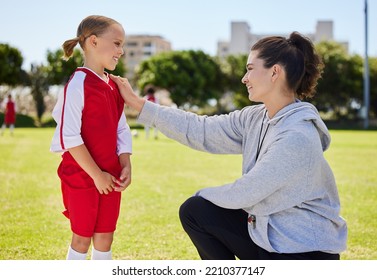 Girl, Coach And Soccer For Motivation, Inspiration And Help On Field For Better Performance In Sport. Woman, Child And Football Together On Grass Talking For Advice, Learning And Guidance In Game