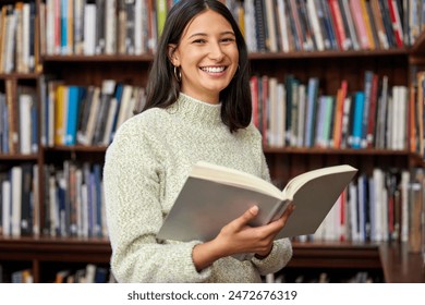 Girl, college student and books in library for portrait with smile for education, development or study at campus. Woman, person and happy for research, course and reading for knowledge at university - Powered by Shutterstock