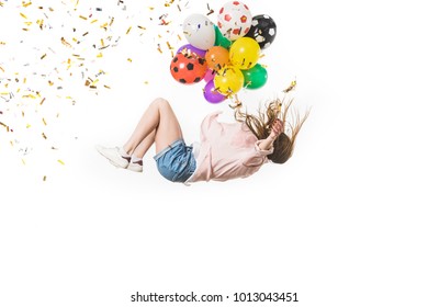 Girl With Colorful Balloons And Shiny Confetti Falling Isolated On White 