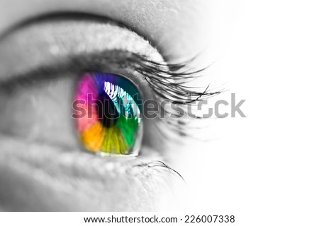 Girl colorful and natural rainbow eye on white background