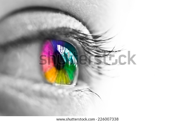 Girl\
colorful and natural rainbow eye on white\
background